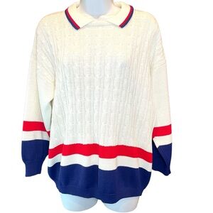 Koret Preppy Pullover Collared Sweater Off White Red Navy Stripe Knit Size XL